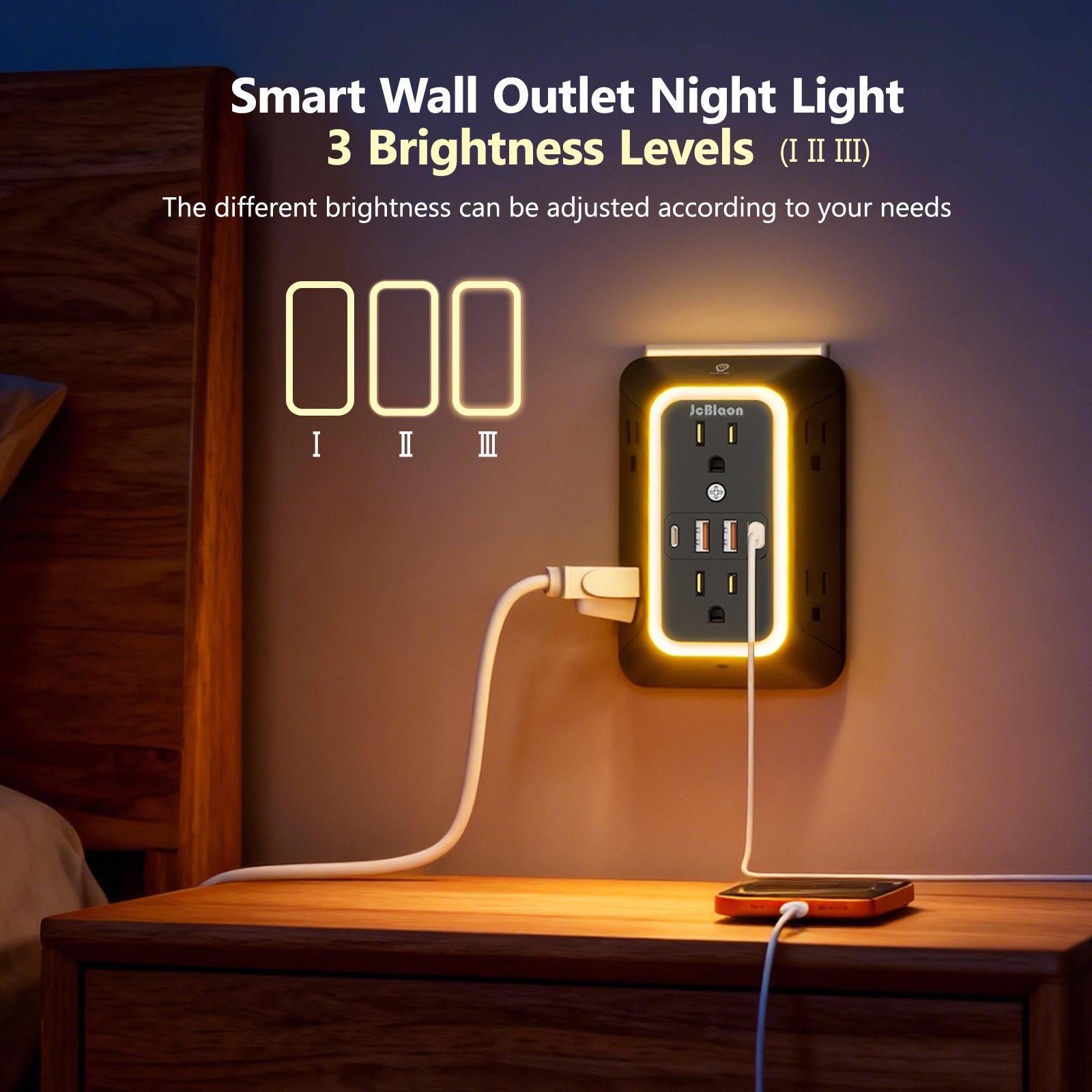 2 Pack Wall Outlet Extender with Night Light, 6 AC Outlets 4 USB Charging Ports , 1050J Surge Protector Power Strip, Multi Plug Outlet Adapter for Home, Travel, Office（Black and White）