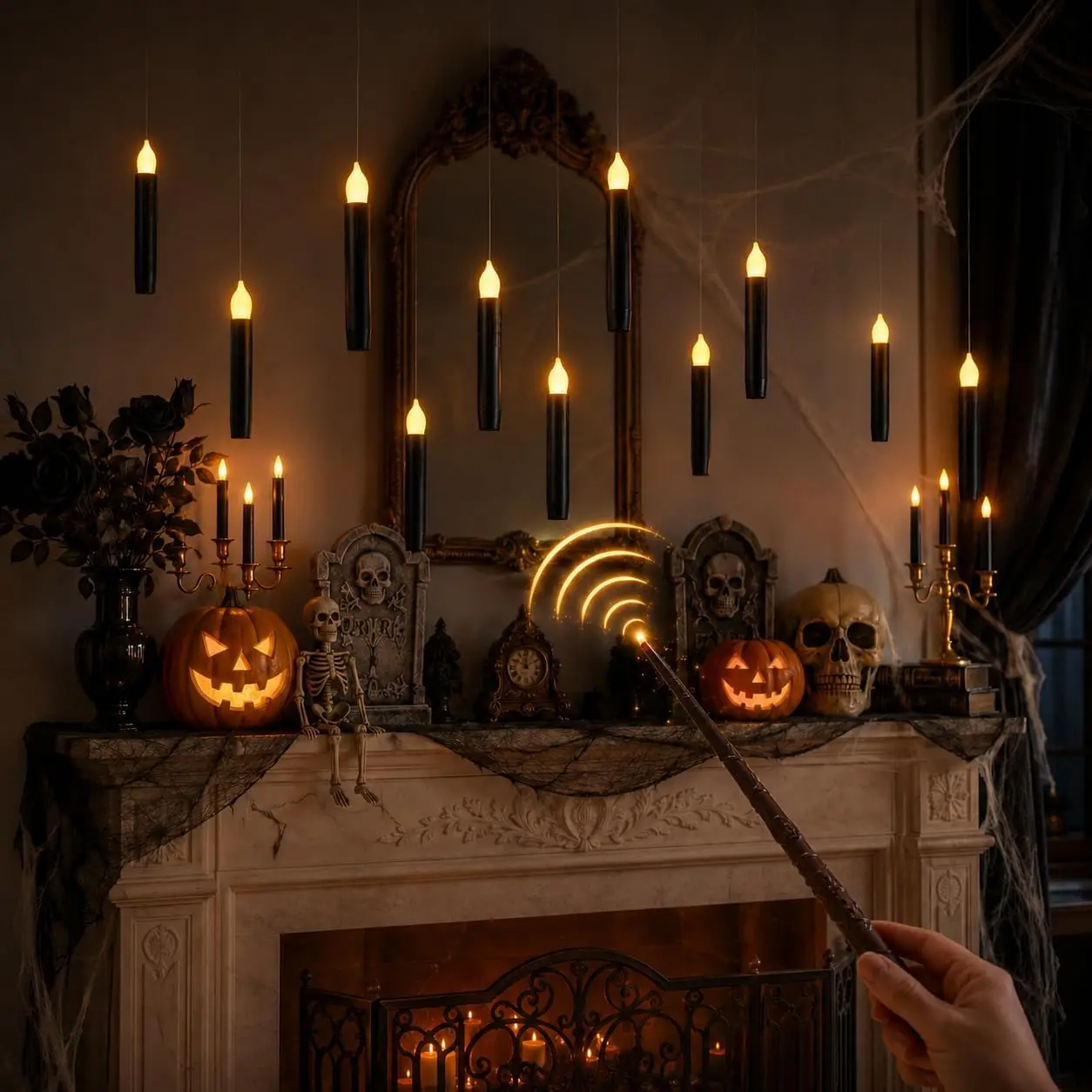 12 count Floating Candles with Wand and Remote, Magic Black Flameless Candles  Operated, Flikering  LED Taper Candlesticks Halloween Decorations, 0.8" x 6"