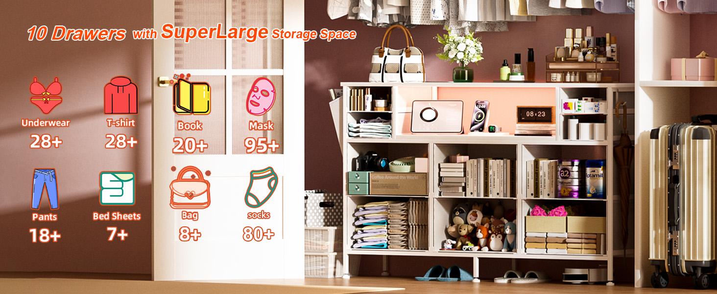 10-Drawer Dresser with Charging Station & LED Lights – Fabric Storage Organizer with Faux Leather Front, TV Stand for 55" TV, USB Ports, Side Pockets & Hooks, for Bedroom, Closet, Entryway, 47.2" W