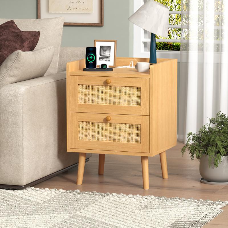 Rattan Nightstand with Charging Station, Rattan Boho End Table with 2 Drawers Bedroom Bedside Side Tables Natural Night Stand for Living Room,Bedroom,Dorm Room Essentials Rattan Nightstand with Charging Station, Rattan Boho End Table with 2 Drawers Bedroom Bedside Side Tables Natural Night Stand for Living Room,Bedroom,Dorm Room Essentials
