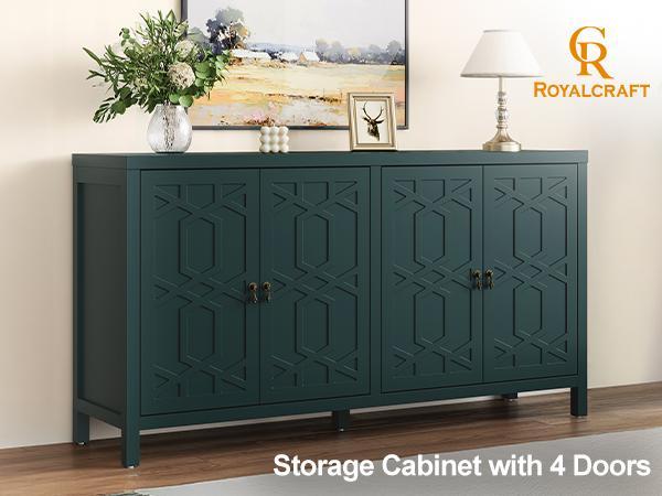 RoyalCraft Sideboard Buffet Cabinet with Storage, 60'' Mid Century Modern Storage Cabinet with 4 Doors and Adjustable Shelves, Accent Cabinet for Entryway, Dining Room, Living Room, Bedroom, Black