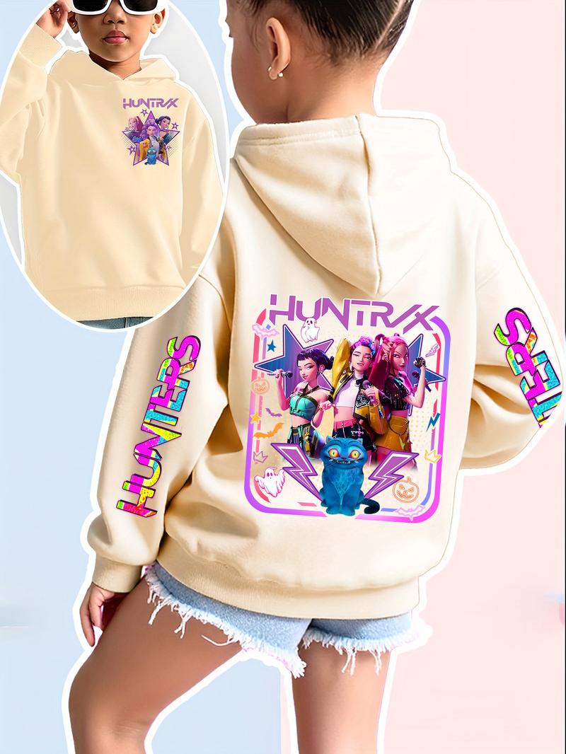 Girls' Kpop Demon Hunters Hoodie, Star Character & Cute Pet Print, Graphic Casual Hoodie, Casual Fitted Sweatshirt, Spring & Fall Elastic Fabric, Christmas Gift