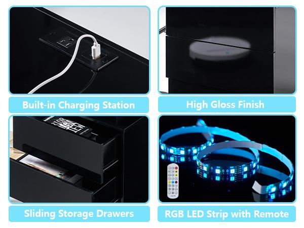 VanAcc High Gloss Nightstand Set of 2 with Charging Station, Modern Bedside Table with LED Lights by App and Remote Control, Sofa End Side Tables with Drawers, Minimalist Night Stand for Bedroom, Living Room, VanAcc High Gloss Nightstand Set of 2 with Charging Station, Modern Bedside Table with LED Lights by App and Remote Control, Sofa End Side Tables with Drawers, Minimalist Night Stand for Bedroom, Living Room,