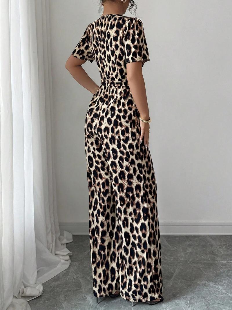 Women's Leopard Print V-Neck Jumpsuit Y2K, Waist Cinched Pleated Design, Wide Leg, Comfortable Fitted Fabric, Perfect for Dates and Outings