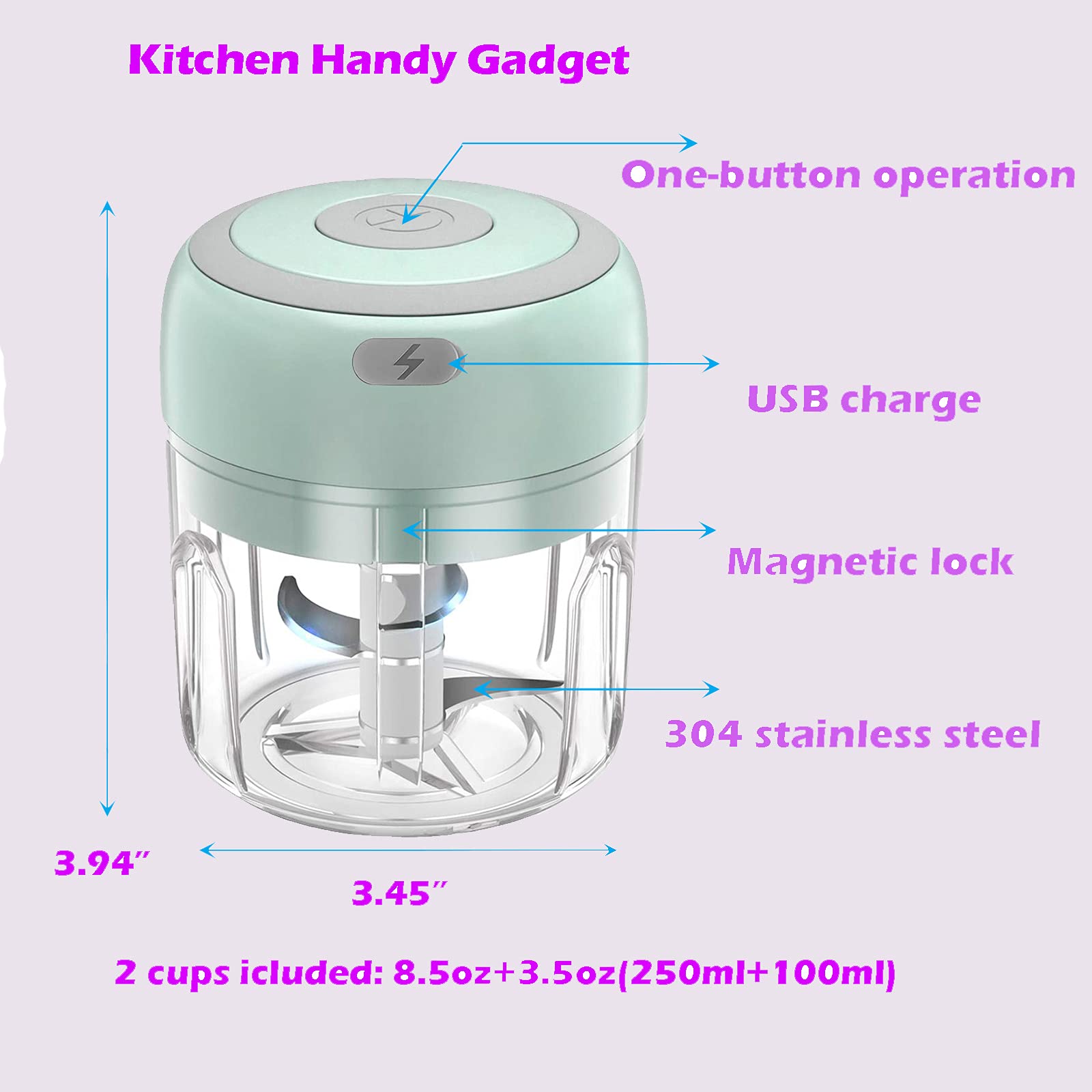 Electric Mini Food Chopper, Rechargable Small Food Processor for Garlic, Puree, Onion, Herb, Veggie, Ginger, Fruit Blender 250ml , Green