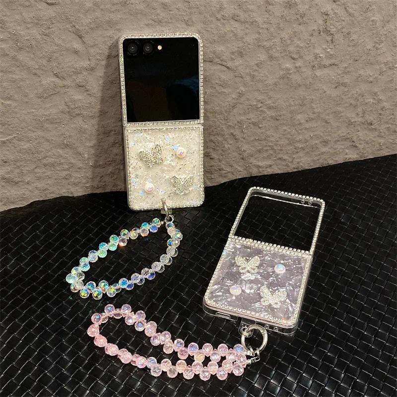 Luxury 3D Butterfly Diamond Shell Pattern Phone Case For Samsung Galaxy Z Flip 3 4 5 6 7 FE With Wrist Chain Shockproof Cover
