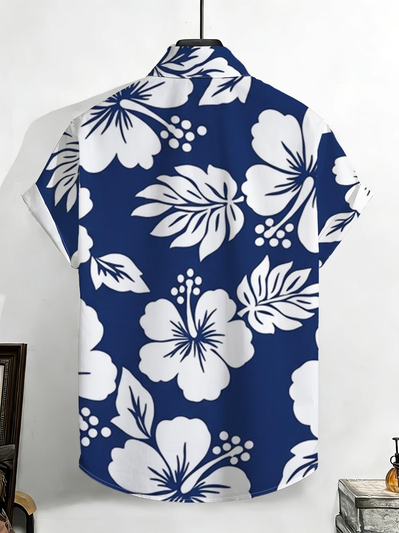 New Summer Men's Short Sleeve Shirt, Vintage Blue Background Jasmine Palm Leaf Print, Casual Breathable Beach Holiday Hawaiian Shirt