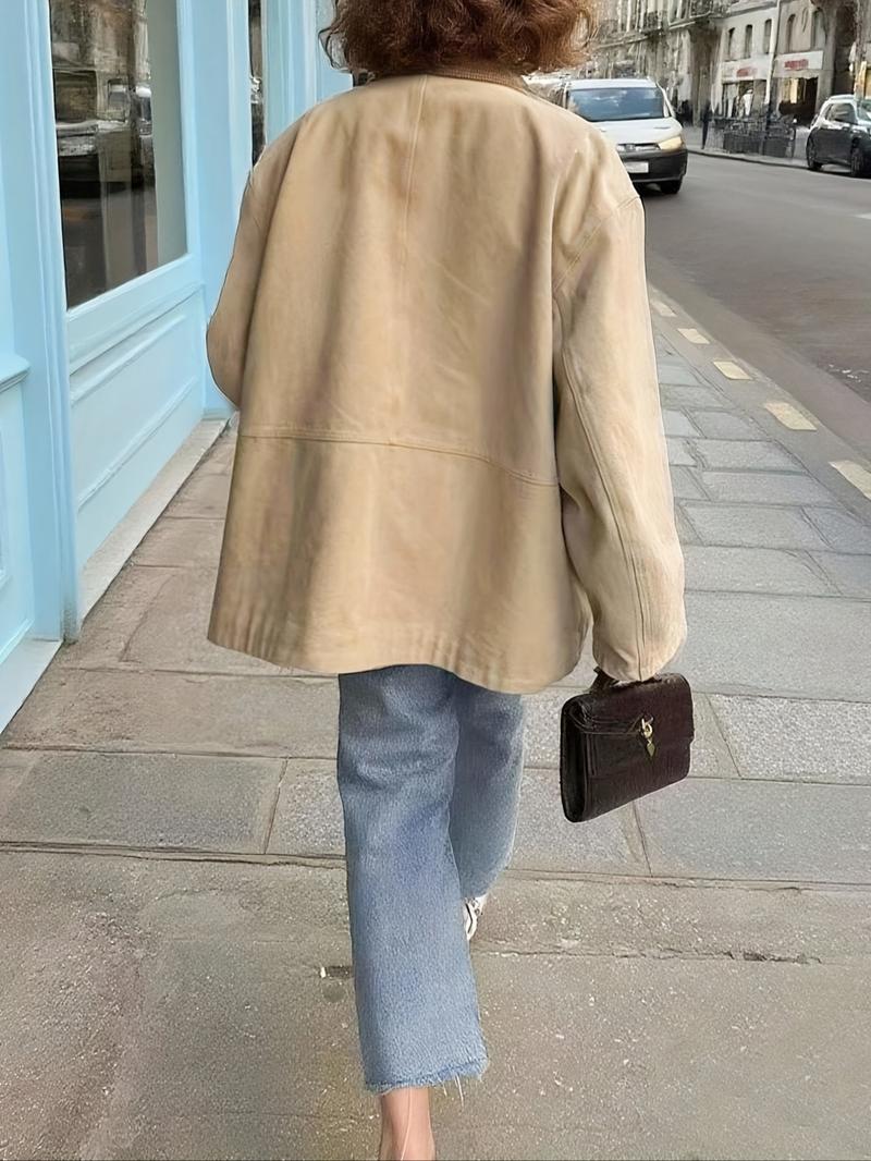 Autumn Winter New European Style Women's Retro Casual Loose Colorblock Corduroy Lapel Windbreaker Coat, Slim-Fit Woven Fabric Jacket