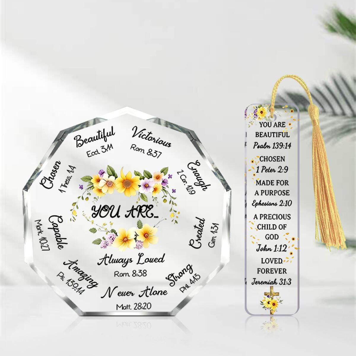 2pcs/set Christian Sunflower Scripture Octagonal Desktop Decoration + Yellow Tassel Bookmark, Fresh Watercolor Floral Style Ornament, Suitable for Desk, Church, Home ＆ Office Decoration, Warm Gift for Christians