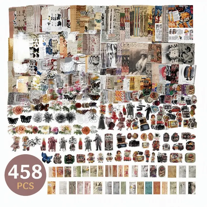 458Pcs Vintage Junk Journal Ephemera Kit, Retro Scrapbooking Supplies, Decorative Paper Cutouts & Stickers, DIY Craft Collage Material for Album Decor, Art Project Decoration