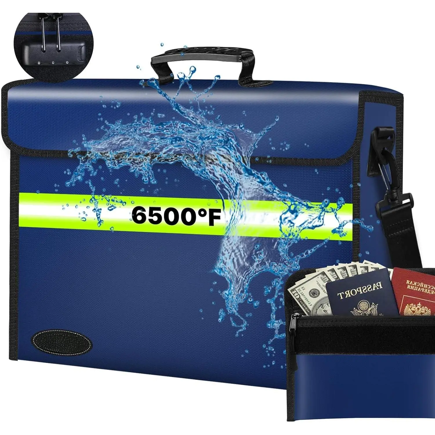 6500°F Fireproof Document Bag with Lock-Fireproof Box with 10 Layers Insulation Materials& Zipper,Removable Wallet,Reflective Strip for ,Documents,(14.2”x 9.6”x 4.1”)