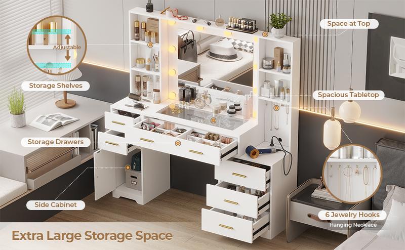Sikaic Modern White Makeup Desk with 6 Drawers, Glass Tabletop, Power Outlets, Engineered Wood, 15.75"D x 48.8"W x 55.1"H, Bedroom Organization Storage