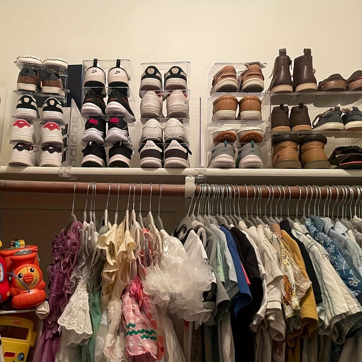 Transparent Acrylic Kids Shoe Rack, Small Closet Organizer, 4-Compartment Baby Shoes Storage, Stackable Shoe Shelf (4-Piece Set)