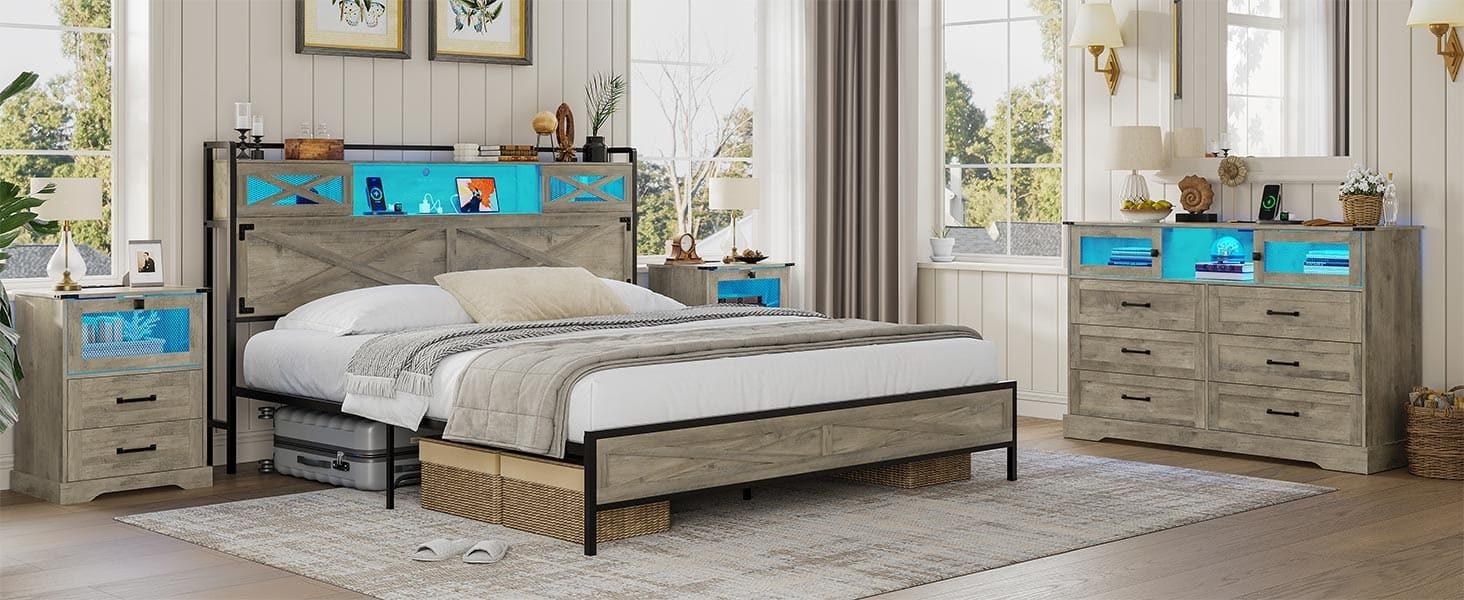 Sikaic 6 Drawers LED Dresser with Outlets Rustic Wood Top Cabinets