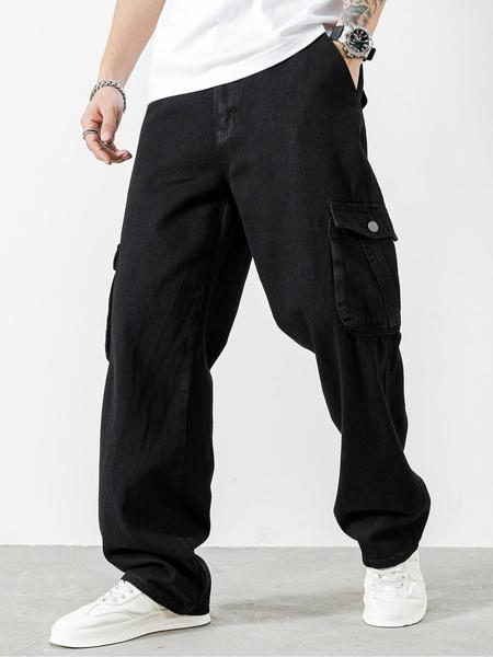 Men's Solid Flap Pocket Cargo Jeans, Loose Casual Street Fashion Denim Pants for Daily Wear, Plain Denim Trousers, Men's Trousers for All Seasons