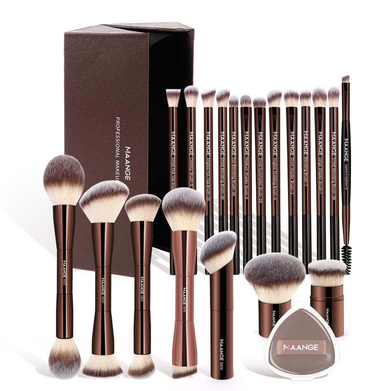 Maange 10/20-Piece Aluminum Makeup Brush Set, Includes Foundation, Powder, Blush, Eyeshadow, Concealer, Highlighter, Sponge, Storage Box