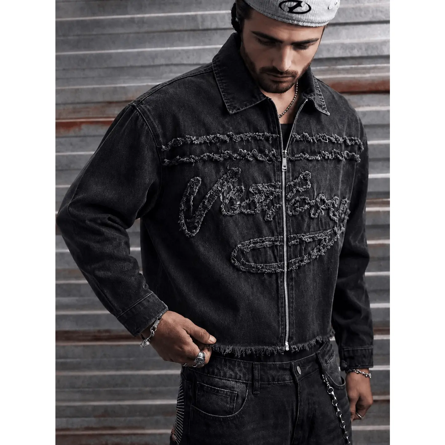 Men Black Vintage Wash Full Zip Cropped Jacket Large Frayed Letter Embroidery Raw Hem Collared Oversized Grunge Streetwear Hip Hop Jacket