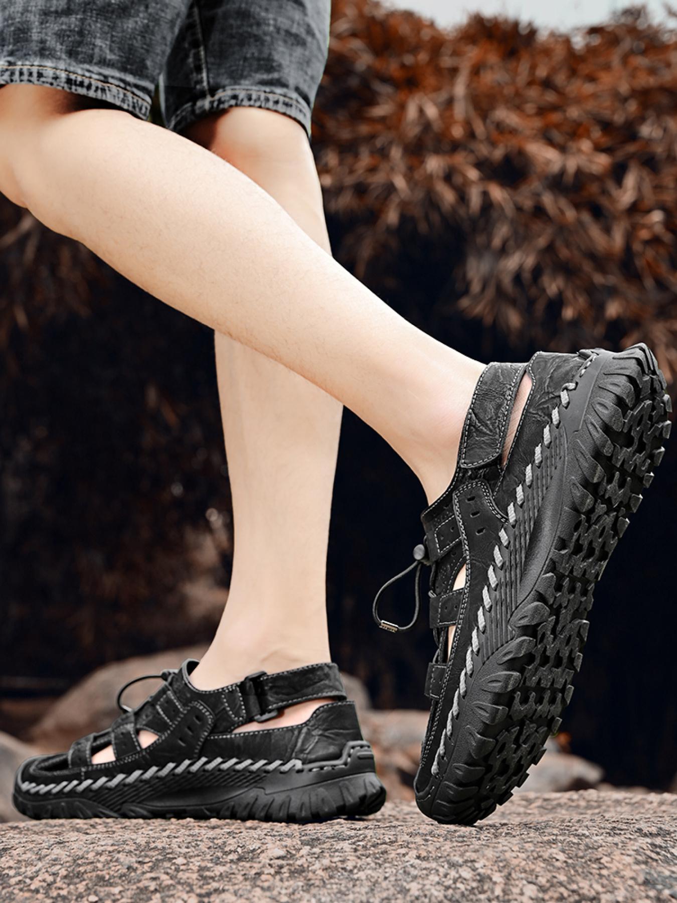 Men's Solid Color Hollowed-Out Closed-Toe Outdoor Sandals, Drawstring Velcro Non-Slip Beach Shoes, Hand-Stitched Thick-Soled Dad Shoes