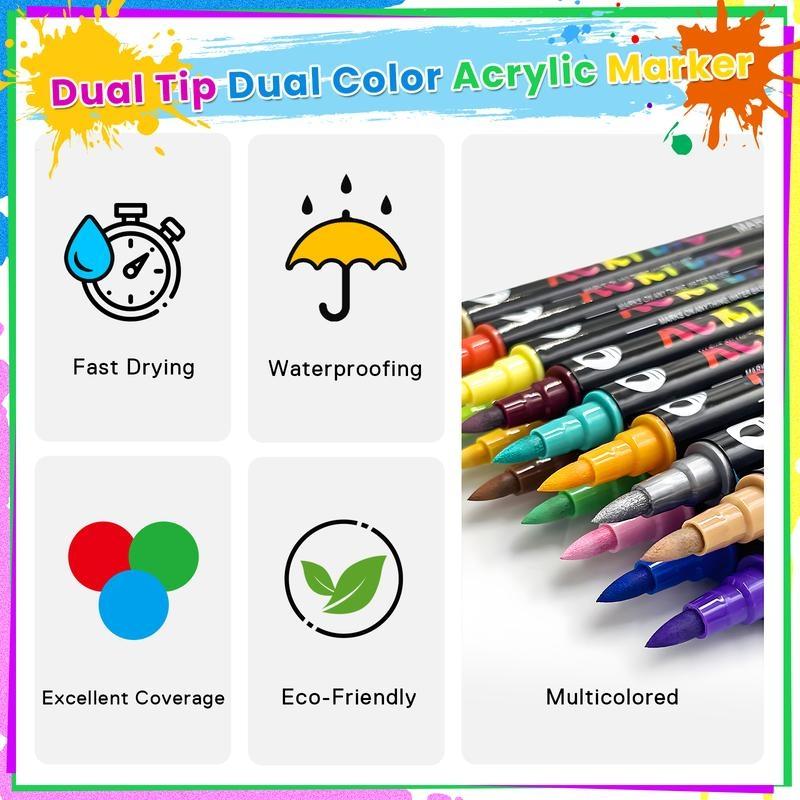 Acrylic Paint Marker Pen, 1 Set 12/24/36pcs Double Tip Double Color Acrylic Paint Marker Pen, Art Supplies for Rock Painting, Wood, Canvas, Stone, Glass, Acrylic Markers