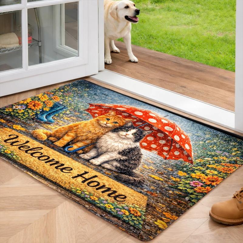 Cute Cats Umbrella Welcome Home Doormat Flannel Mat With Non Slip Rubber Bottom Durable Stain Resistant Machine Washable Multipurpose Rug Perfect For Indoor Outdoor Entry Kitchen Bedroom Bathroom Balcony Corridor Porch Home Decor Non-Slip Stair Treads