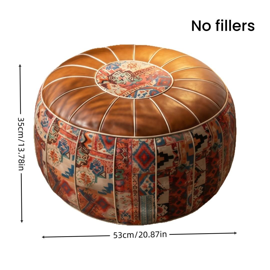 Multifunctional Storage Ottoman Pouf Cover, Faux Leather Ottoman Foot Rest with Hidden Storage, Boho Round Footstool Poufs, Fillable Pouf Ottoman for Blankets Clothes Pillows, Bohemian Pouf Ottoman
