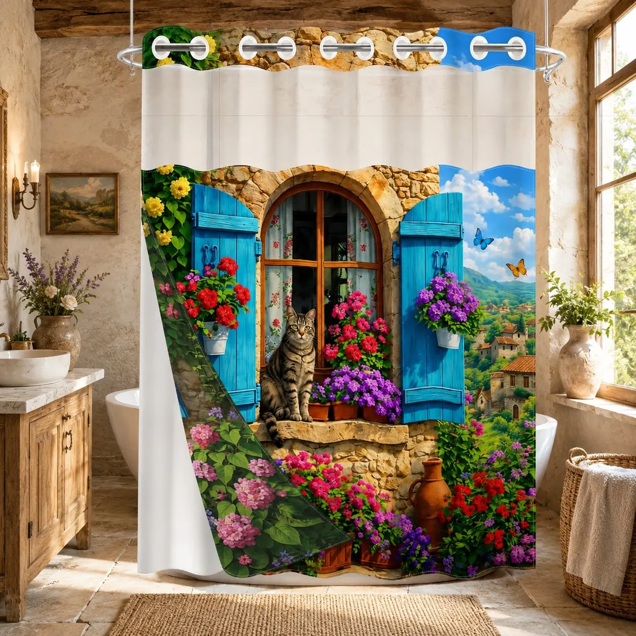 1PC 2D Flat Tabby Cat, Blue Shutter Window, Colorful Flower & Butterfly Pattern Double-Layer Woven Shower Curtain, No Hooks, Transparent Top Window, Removable Snap-On Liner, Mediterranean Cottage Bathroom Art Decor, Bathroom & Holiday Decoration
