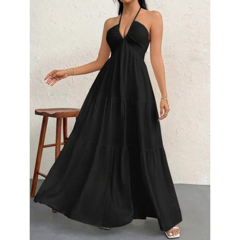 Solid Color Elegant Halter V-Neck Sexy Backless French-Style Temperament Maxi Dress
