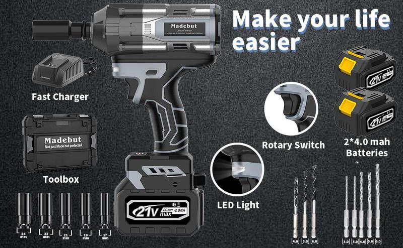 Cordless 1000N.m Impact Wrench,3-speeds Cordless Impact Gun with 2*4.0Mah, 740Ft-lbs Electric Impact Erench with 5 Sleeves, High Torque 1/2 Impact Wrench, Power Impact Wrenches for Home Car Tyre