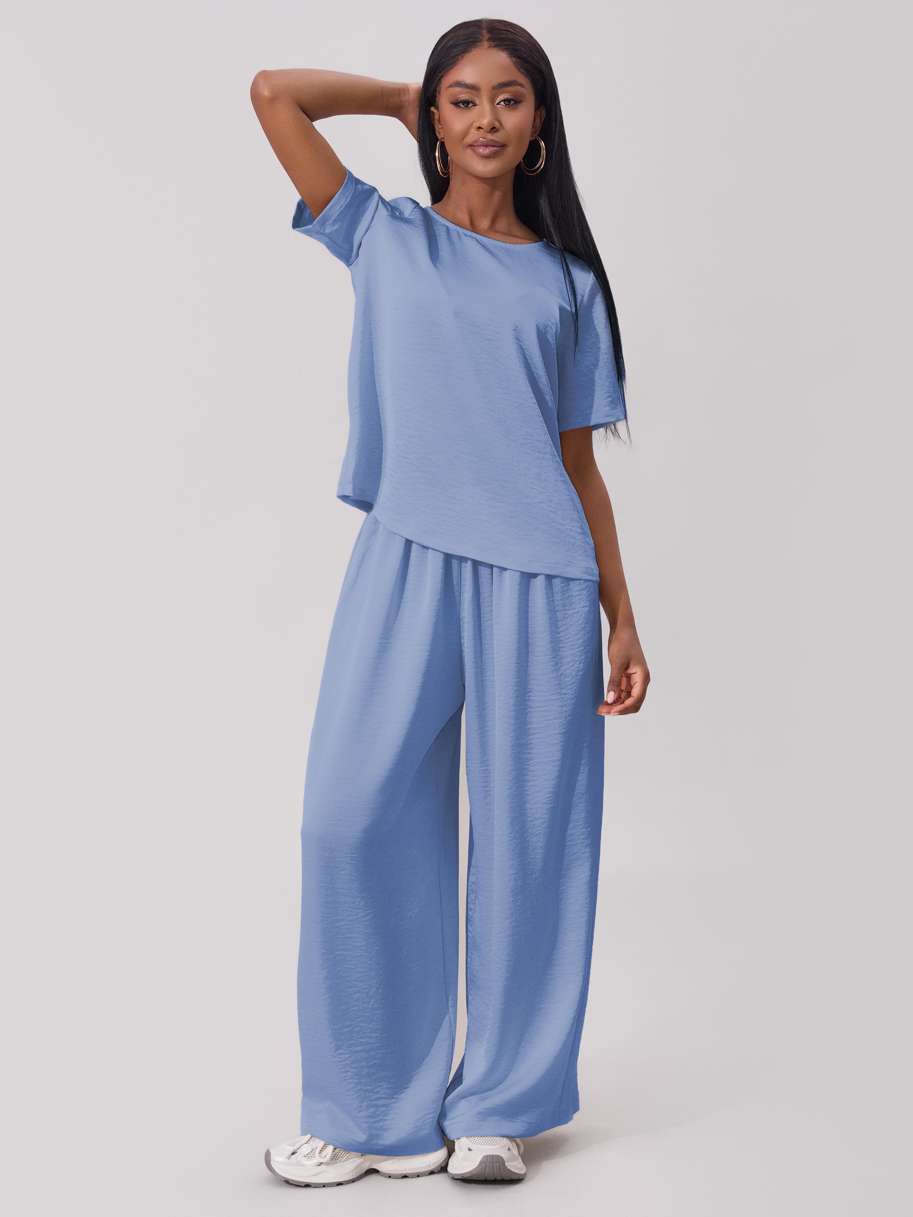 Joyfunear Women's round Neck 2 Piece Set Wide Leg Pants Set Short Sleeve satin Pullover Tops Wide Leg matching set