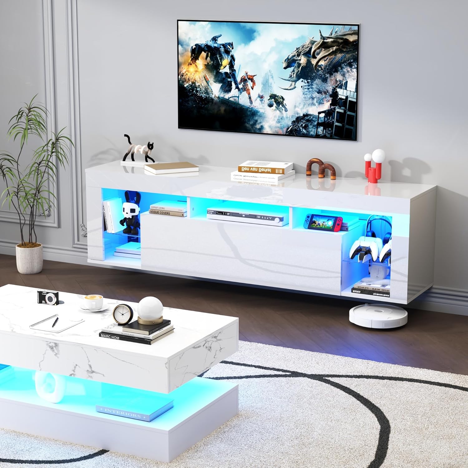 Floating TV Stand for 65/70/75/85 inch inch TV, High Gloss Led Gaming Entertainment Center with Storage and Shelf, Wall Mounted TV Console Table with Lights, White/Black Furniture Living Room Organization Home