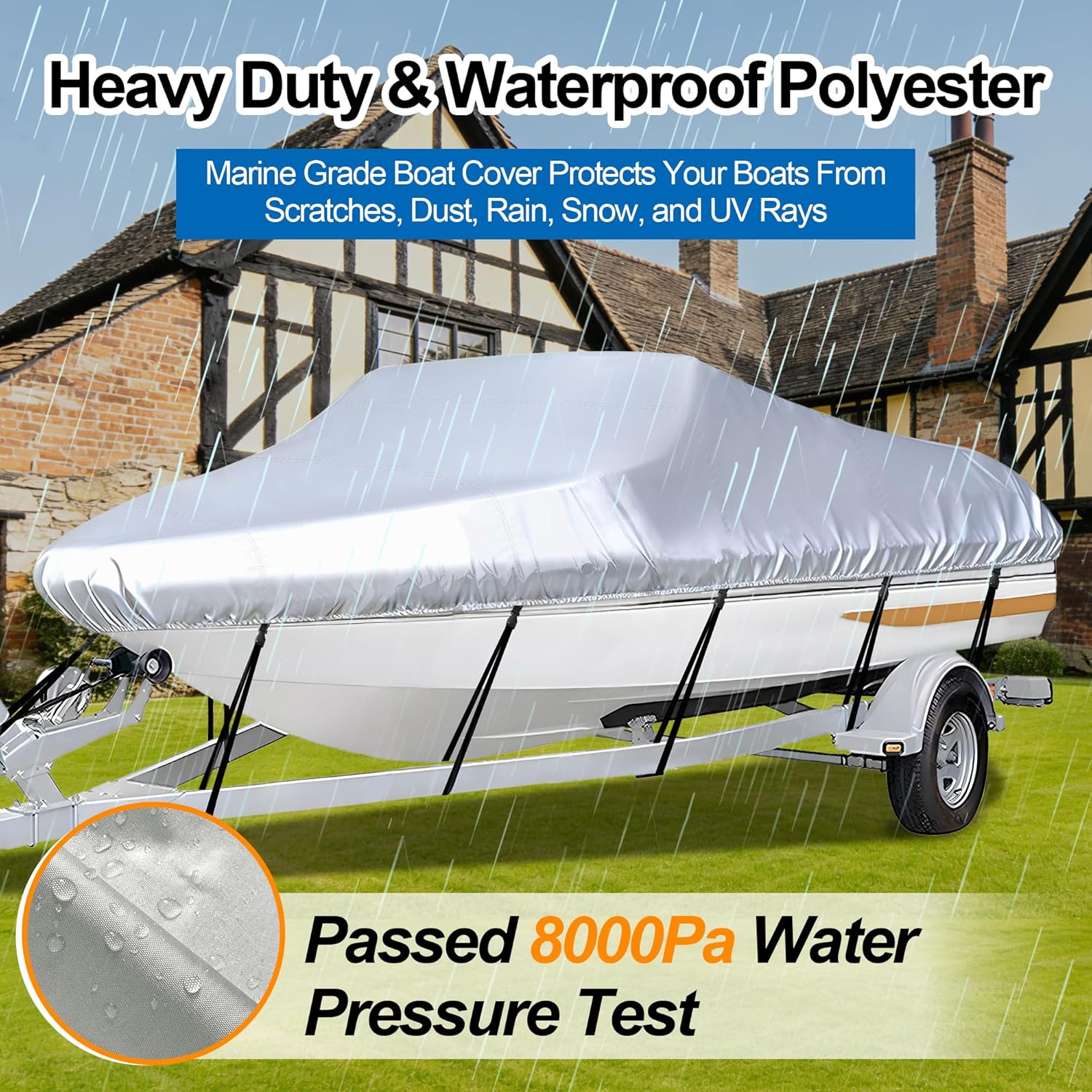 Trailerable PVC Coated Boat Cover - 16'-18.5' Heavy Duty Waterproof Tarp with Storage Bag, Fits V-Hull, Fish&Ski, Runabout (Up to 18.5ft L x 94in W), UV Resistant for Mooring, Trailering, Boat Storage, Pvc Coating