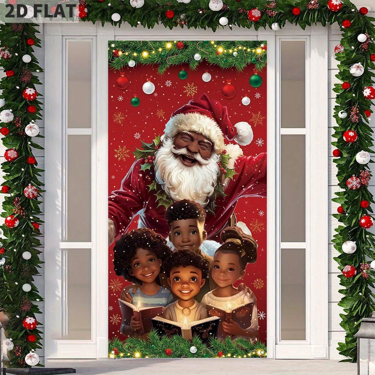 2D FLAT Banners African American Christmas Door Cover Black Santa Claus Party Banner Black African American Christmas Decor Merry New year Xmas Decor Christmas Decorations for Home Party