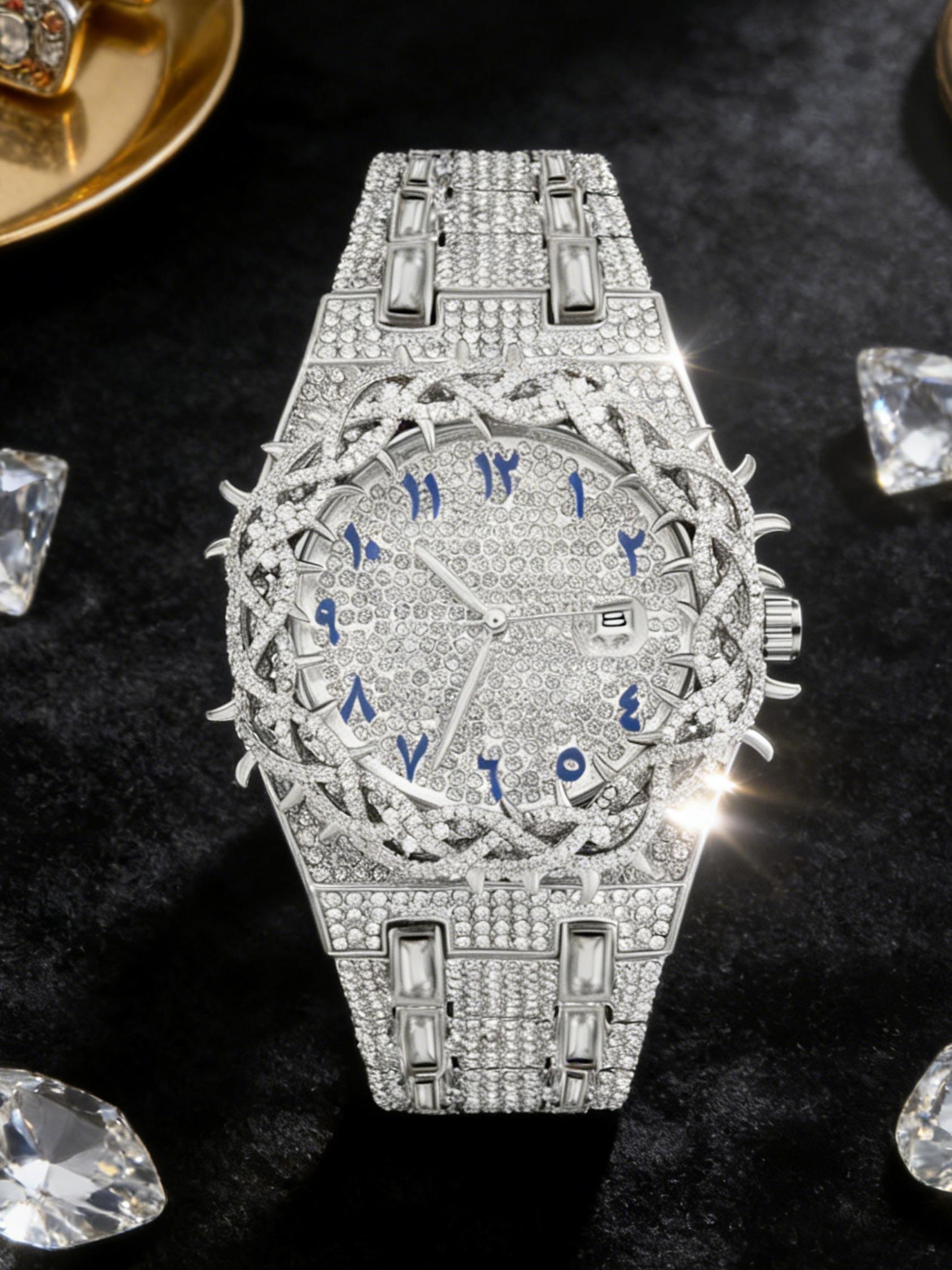 Unisex New Hip-Hop Style Quartz Watch, Rhinestone Strap & Full Iced-Out Large Dial, Unique Zirconia Design Wrist Watch, Party Gift for Men and Women