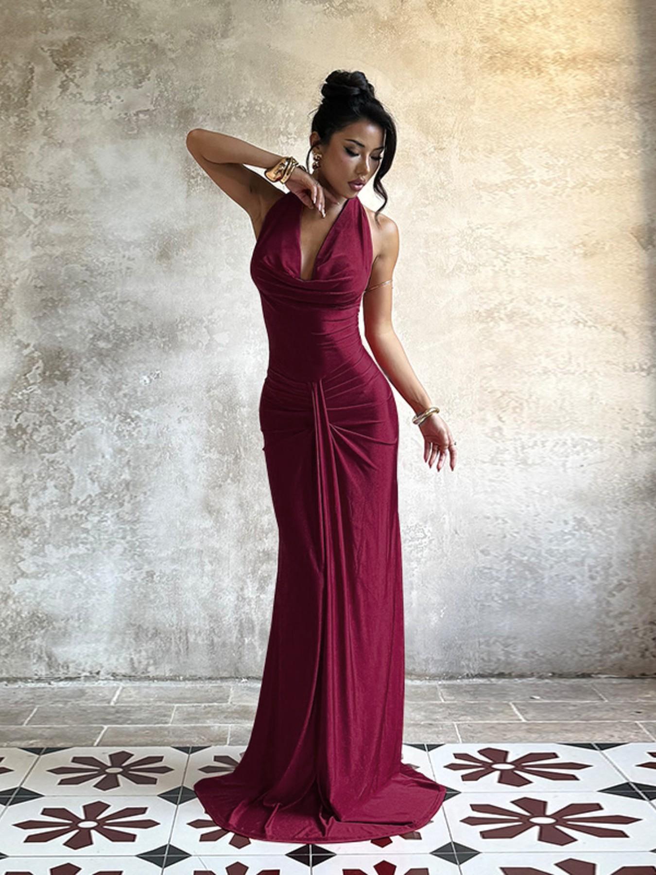 Elegant Halter Neck Stand Collar Dress, Backless Design, Perfect for Special Occasions, Evening Wear & Formal Wear, Stylish Women's Gown