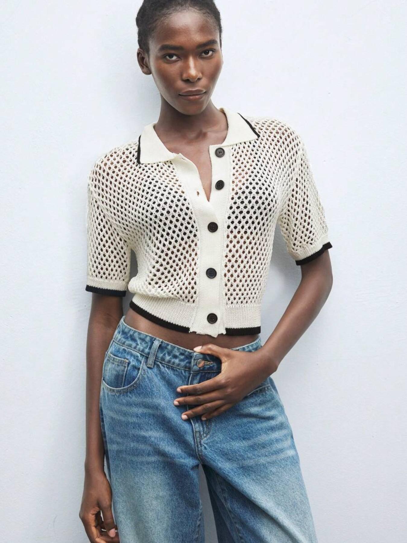 New Hollow-Out Knitwear, Women's Color-Block Short Sleeve Sweater, Elegant and Comfortable Polo Neck Top, Versatile Casual Wear