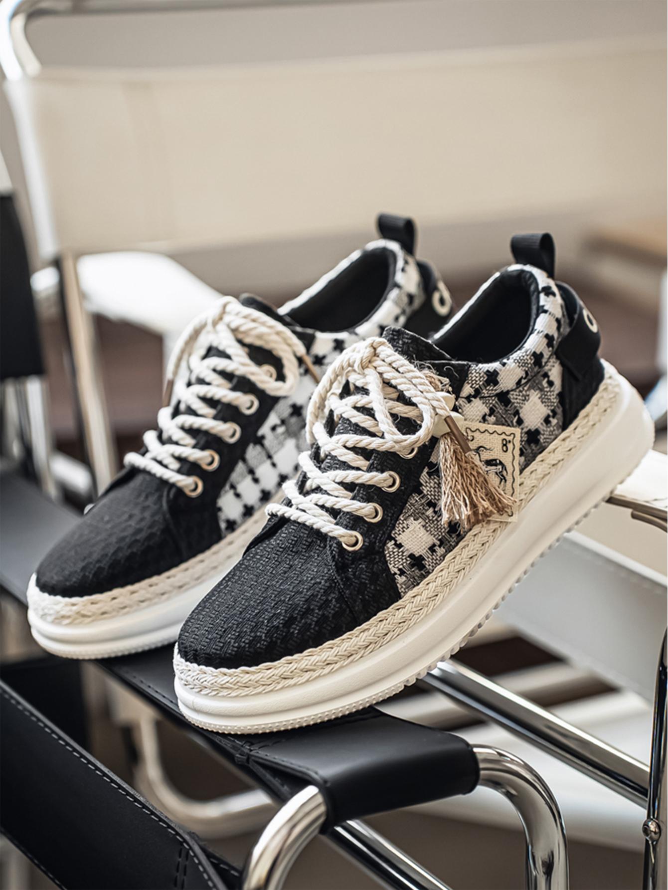 Summer New Men's Retro Plaid Laces, Braided Rope Shoelace Design, Easy-On-Off Hemp Laces, Commuter & Casual Shoes, Versatile Footwear