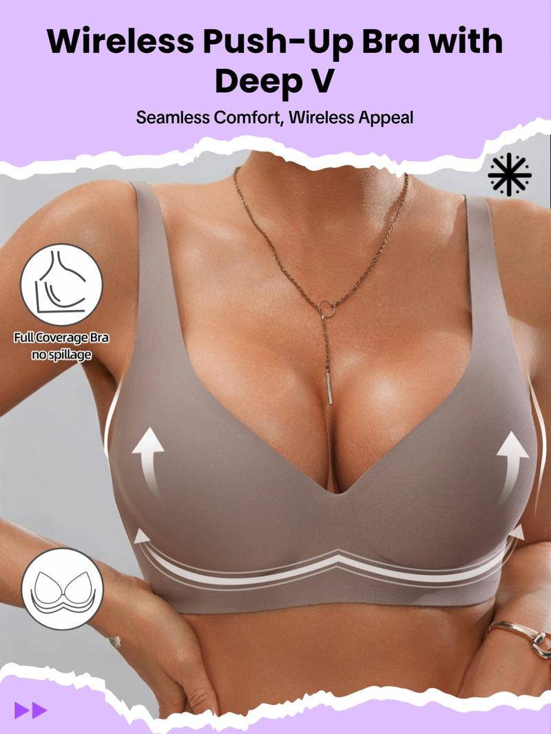 Women's Wireless Jelly Bra, Deep V Design, Medium Support, Three-Quarter Cup, Casual Fitted Lined Underwear, All Seasons