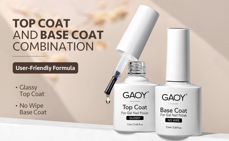 GAOY Gel Top Coat and Base Coat Set, 2 Pcs 7.3ml Glassy Top Coat and No Wipe Foundation Combination for UV Light Cure Gel Nail Polish Manicure