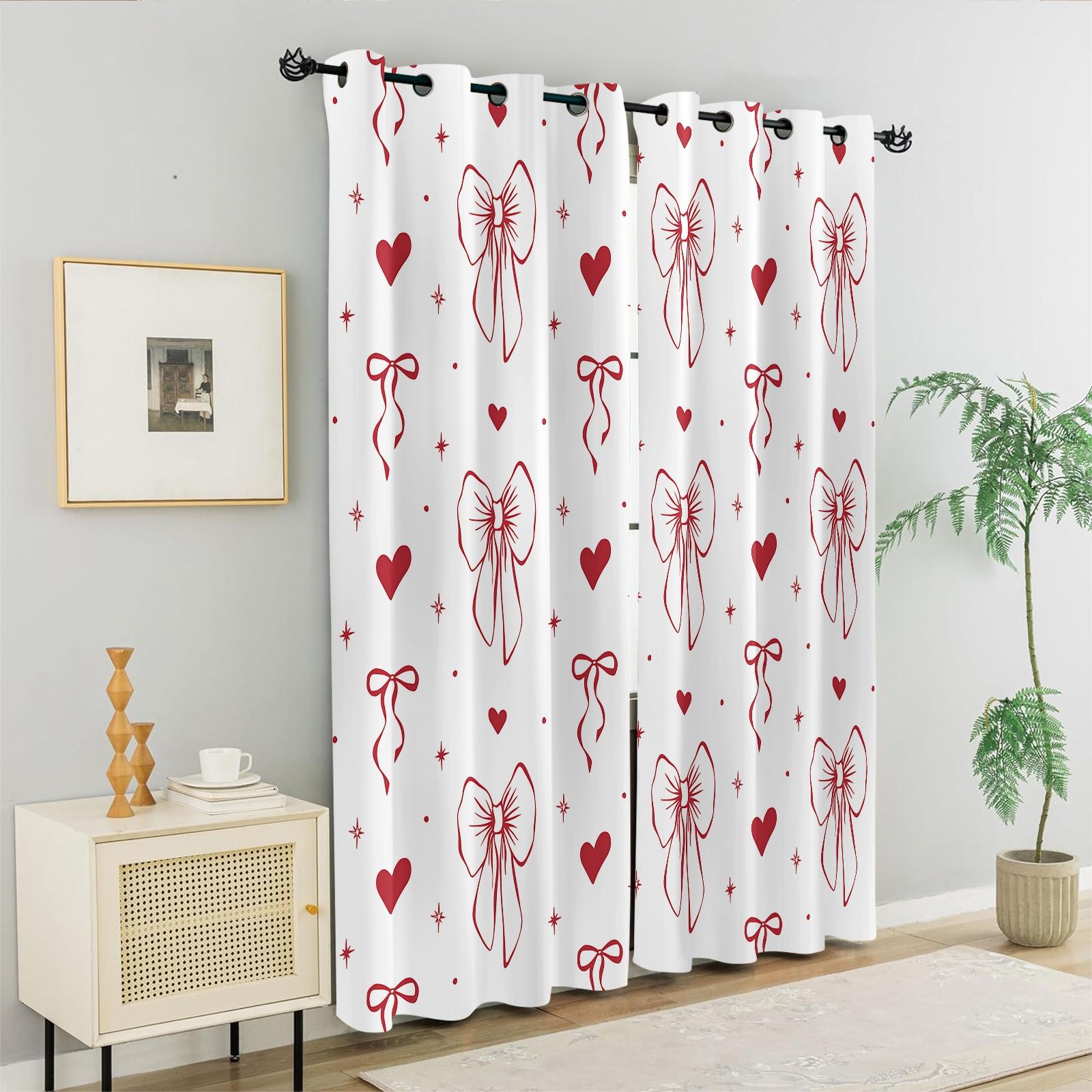 2Pcs 80% Blackout Bow Print Curtains, Minimalist Heart-Accented Window Drapes for Bedroom & Living Room, Sweet Gift for Girls
