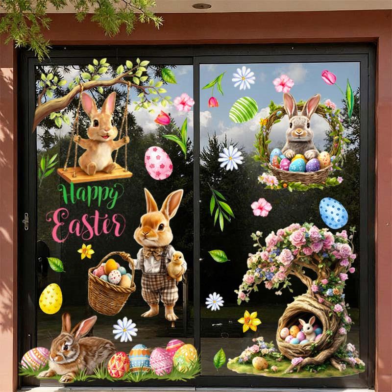 3pcs Easter Bunny & Egg Window Stickers, Floral Design, Wall Decor, Home Decoration, Party Supplies, Unique Gift Idea