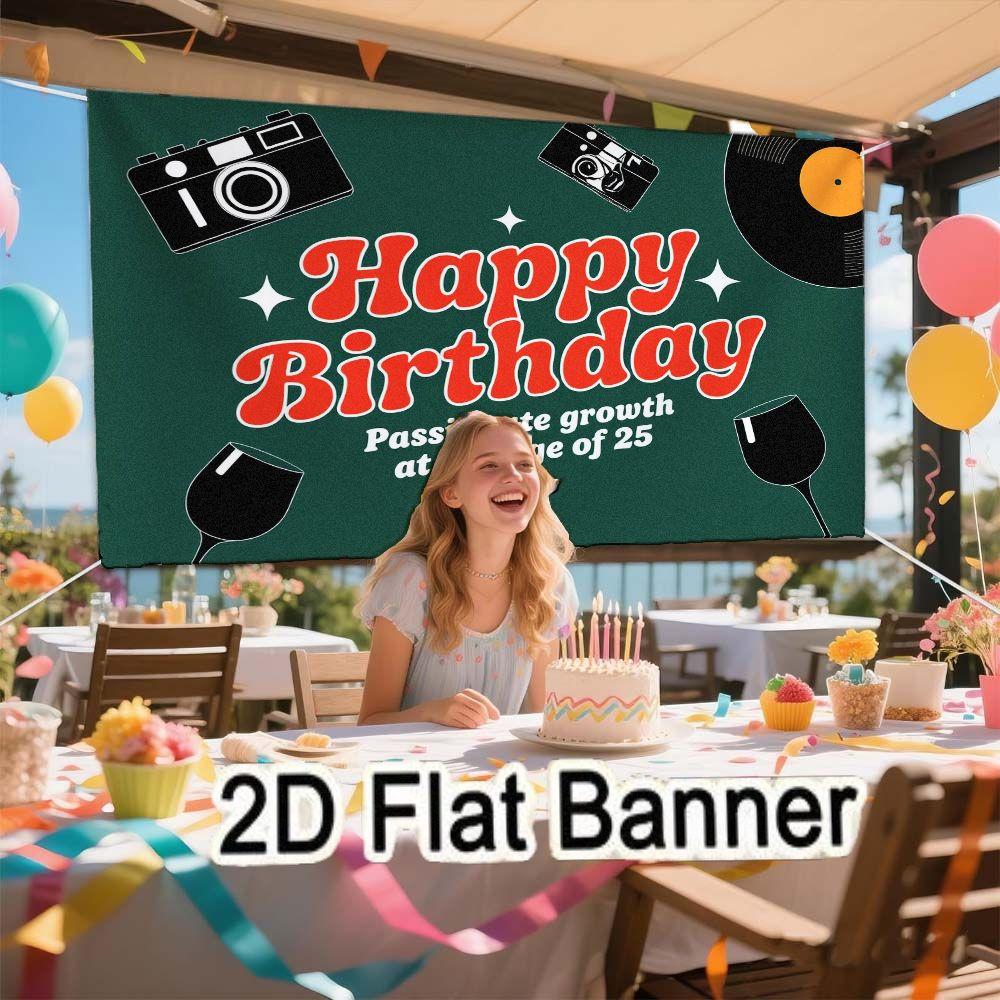 2D flat banner, 1pc25th Birthday Retro Party Backdrop, Red & Green Festive Background with Vinyl, Cameras, Wine Glasses, Star Decorations for 25th Birthday Party Decor