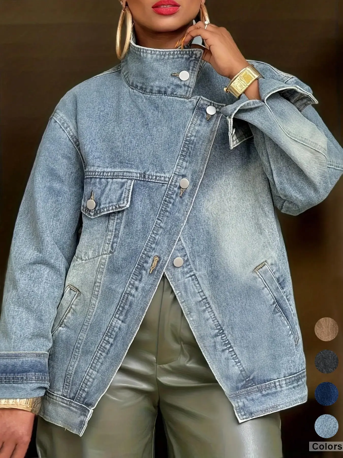 Women's Vintage Street Style Washed High Neck Asymmetrical Button Denim Jacket, Casual Fashion Versatile Loose Multi-Pocket Denim Outerwear for Spring & Fall