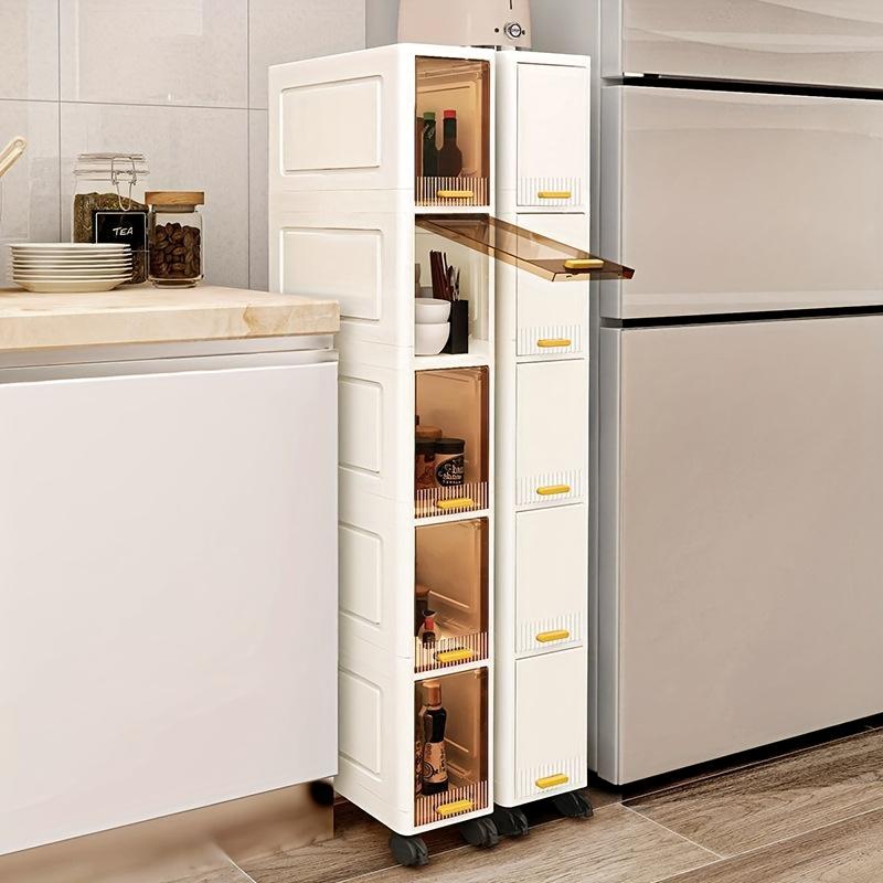 This is a multi-functional storage cabinet, available in 3, 4, or 5 tiers. It is designed to be dust-proof and foldable. Equipped with pull-out shelves and covered storage boxes, it is ideal for organizing snacks, clothes, and books.