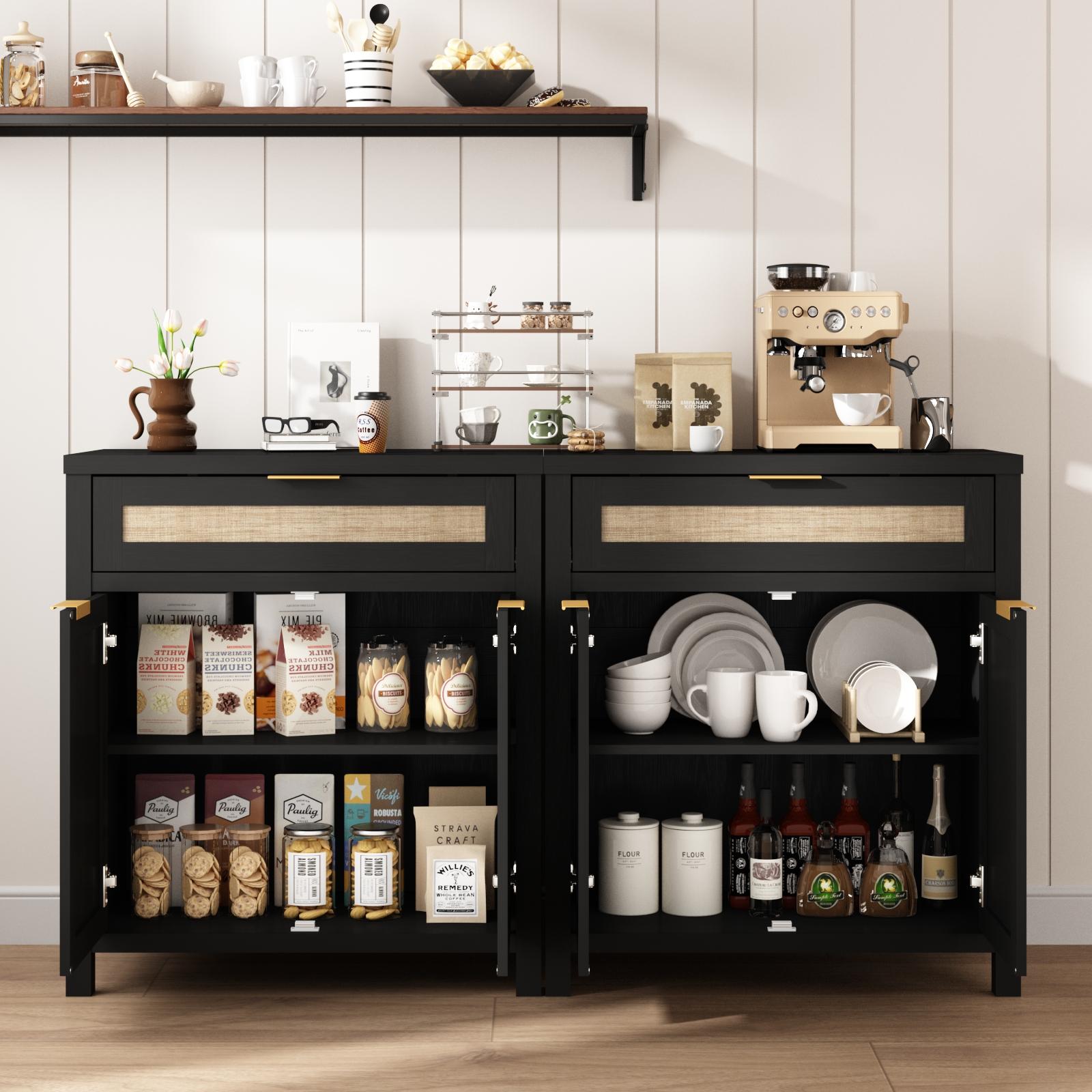 PieDle Furniture Rattan Crafted Storage Cabinet with Adjustable Dividers, Bohemian Style Buffet for Multiple House Areas like Kitchen, Hallway & Living Room