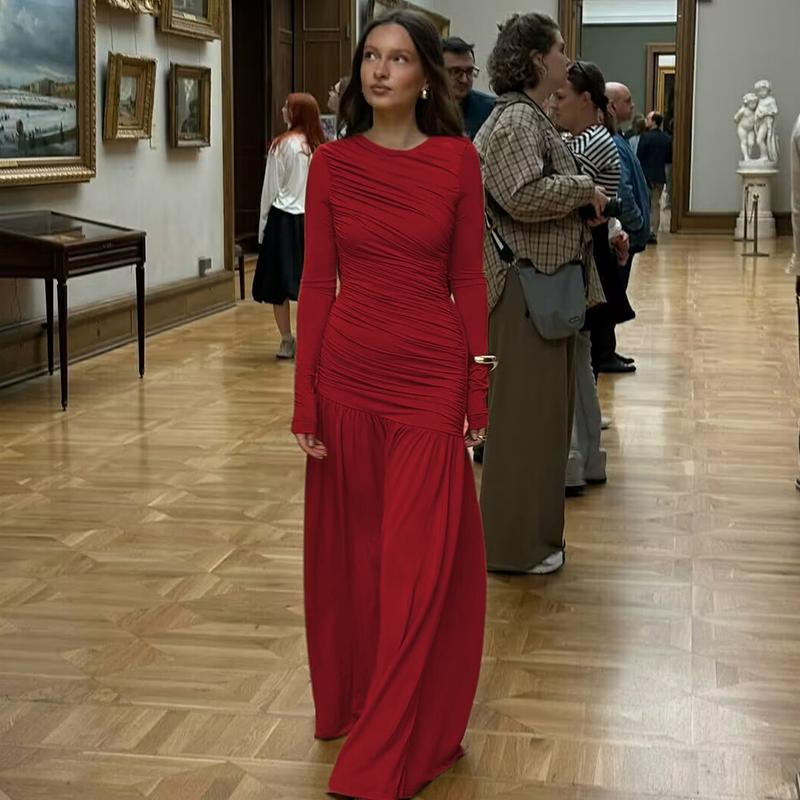 Women's Solid Ruched Round Neck Long Sleeve Pleated Dress, Elegant Plain Patchwork Plicated Slim-fitting Long Dress, Party Club Date Evening Gown Formal Dress, Ladies Spring Fall Winter Casual Dresses Clothes Wear, Formal Bodycon Dress