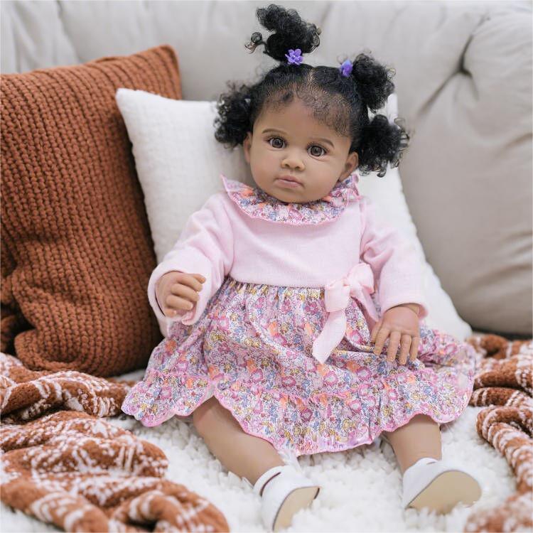 Reborn Baby Dolls 24 inch African American Black Soft Body Realistic Silicone Vinyl Toddler Dolls Real Life Baby Dolls Cloth Body Doll Toy Gift for Kids Age 3+