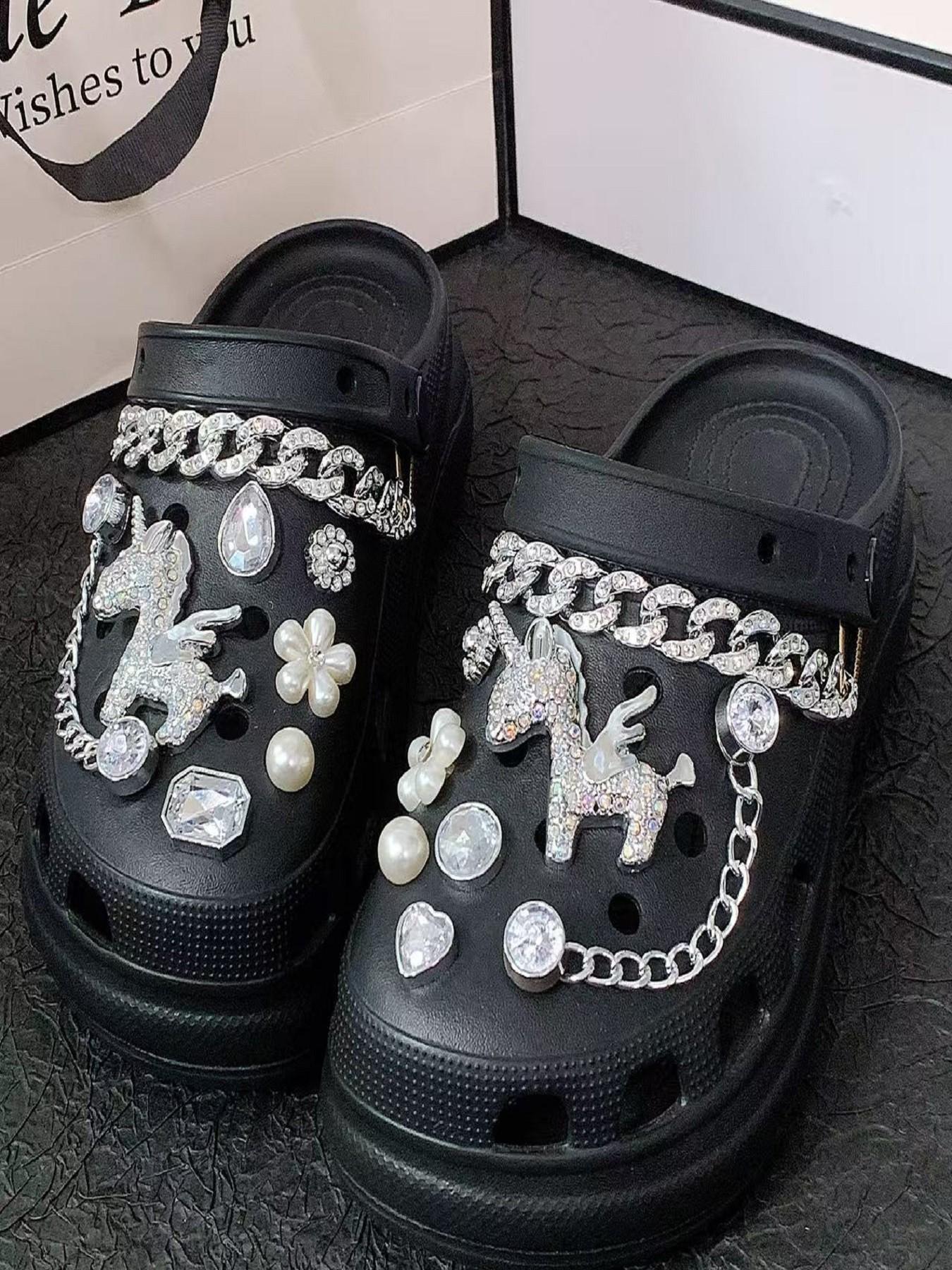 New 16pcs Hole Shoe Decoration Accessories Chain Small Horse Set Silver Color Rhinestone Chains, Detachable Hole Shoes Parts