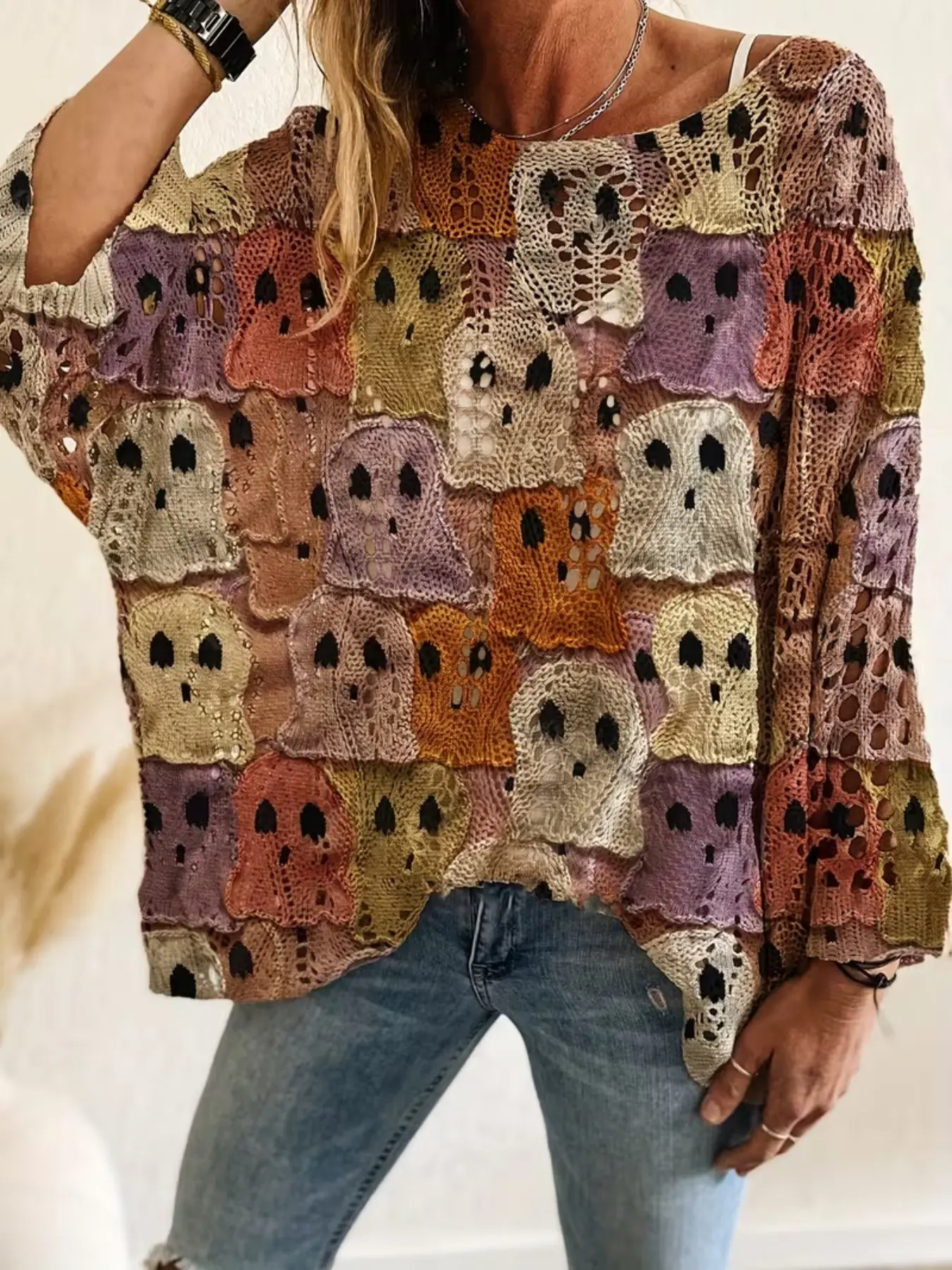 Halloween Pumpkin Bat Cutout Sweater, Knitwear, Loose Fit Bat Sleeve Casual Top, Stylish Halloween, Comfortable and Trendy Design