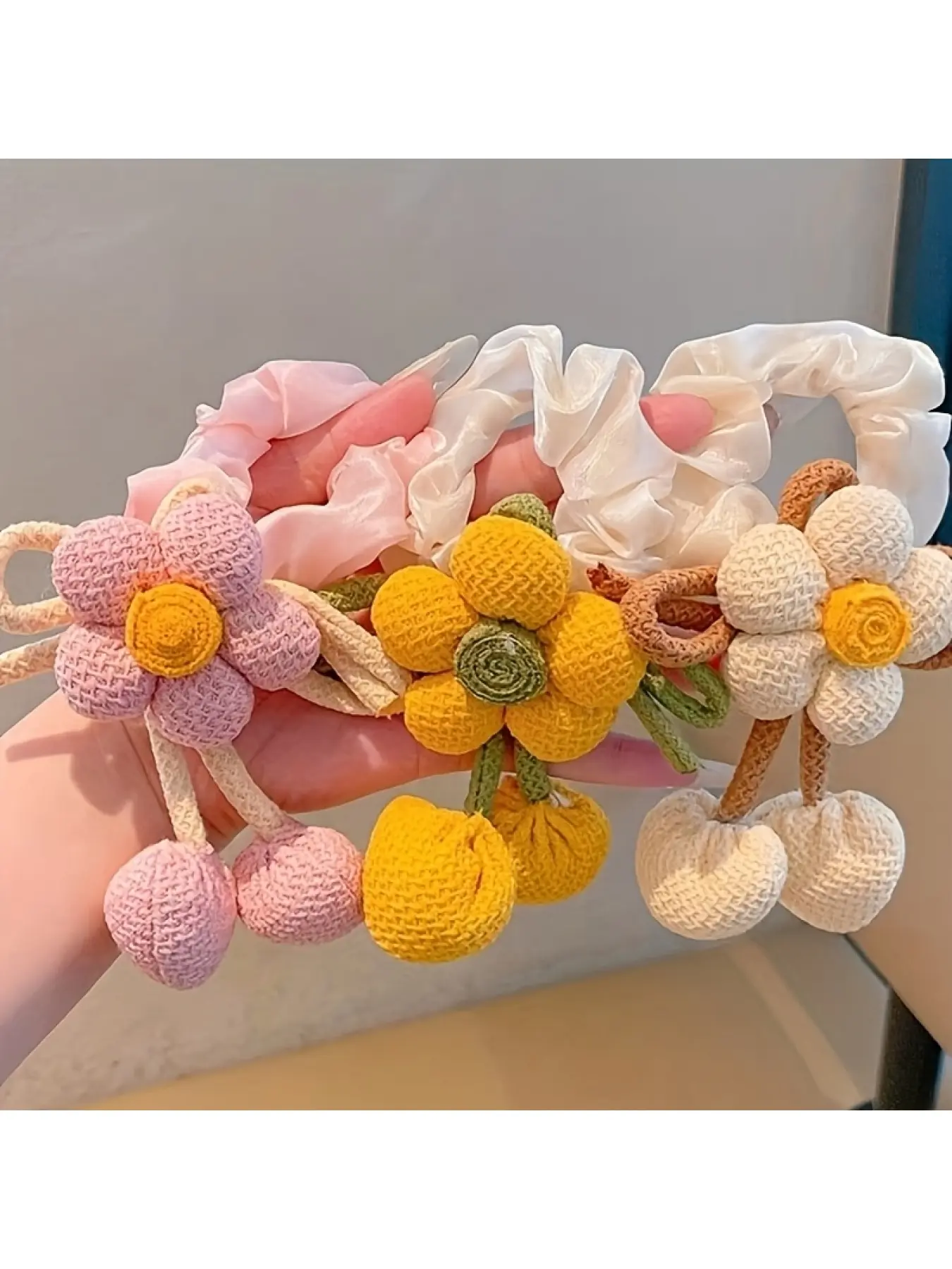 6 Pcs Knitted Flower Hair Scrunchies for Girls Bow Tassel Ponytail Holders Cute Hair Accessories for Kids Double Buns Hairstyle