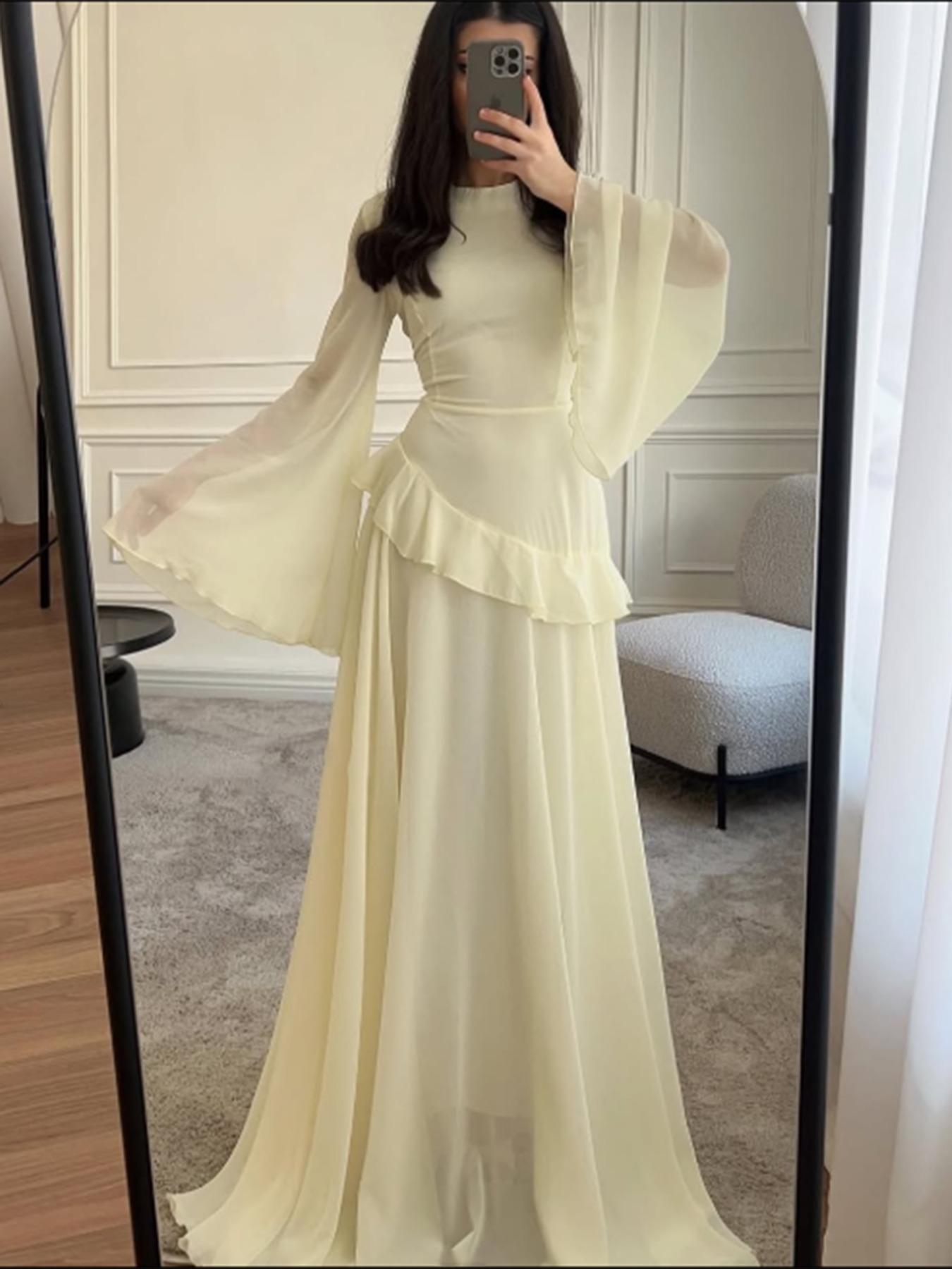 Pure Color Elegant Chic Long Sleeve Dress (long), Fitted Ruffle Design, Extra-Long Sleeve, Spring & Fall Fashion, Plain Style